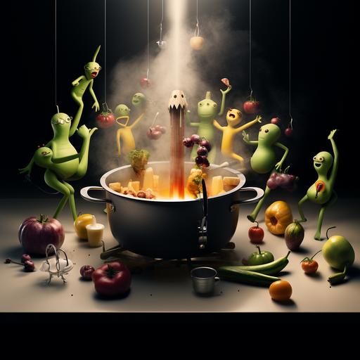 This imaginative scene takes place inside a large, steaming hot pot on a stove, depicting a whimsical concert. There are no humans, only characters made of fruits and vegetables with limbs resembling realistic human arms and legs. In this unusual setting, three singers and four musicians are performing a classical piece. The singers, resembling an apple, a banana, and a bunch of grapes, hold sheet music, while the musicians, looking like a carrot, cucumber, and other vegetables, play instruments like a violin, cello, trumpet, flute, and harp. Steam rises around them, adding to the surreal atmosphere of the concert happening inside the hot pot. close-up food photography --s 0