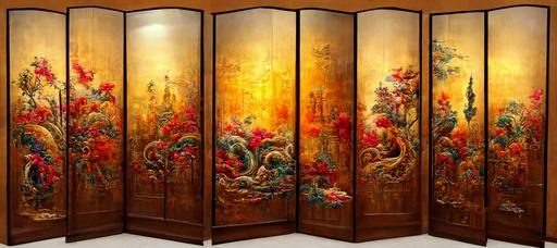 This is Paravent, Chinese paravent, Folding screen, Chinese room divider, Oriental style, living room, Harmonious color tones, photo realistic, 8k, --aspect 21:9