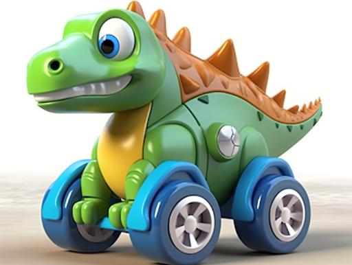 This is a baby toy car, propulsion cartoon engineering car, the car carries a rotatable stirring ball, there are four wheels, the car is very a cartoon stegosaurus, stegosaurus driving a toy car, cute shape, eyes teasing, product posing, professional photography. --ar 4:3