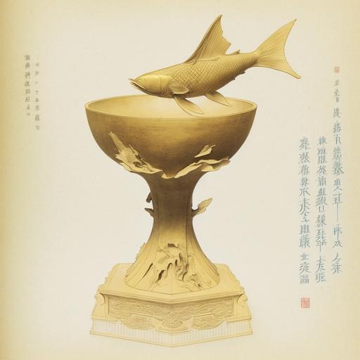 This is a description of a trophy. The main body of the trophy is a hollow cup, open at the top and flared outwards at the bottom, giving it a cone-like shape. The body of the trophy is surrounded by a Jiangtuan fish, a freshwater fish commonly found in Chinese rivers and lakes. The Jiangtuan fish is round and has a pale yellow color, with special culinary and medicinal value. The fish is sculpted to be lifelike, with a realistic appearance as if it is swimming. The number 