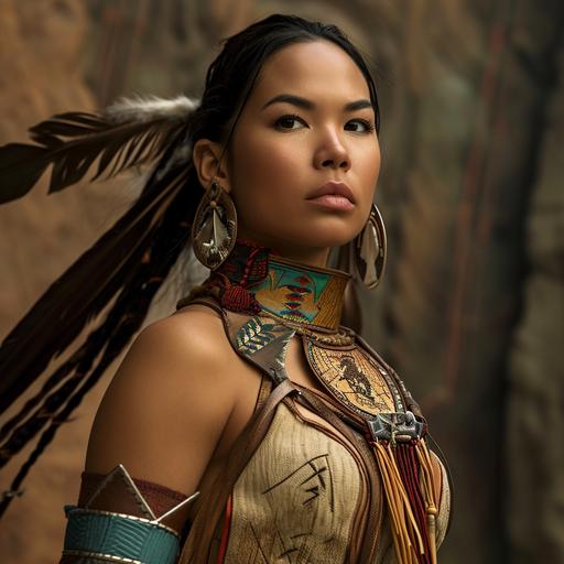 This is a digital photo from a live - action movie. The person looks like a realistic version of Pocahontas as depicted in Disney movie of same name. She is wearing a costume that is a blend of Native American motifs and modern superhero aesthetics. She wears a form-fitting outfit in earthy tones, featuring traditional Native American patterns and symbols as a tribute to her cultural heritage. She has a flowing cape made from feathers and adorned with intricate beadwork that represents her connection to nature and the spirits. The superhero emblem on her costume is a stylized representation of the wind and a soaring eagle, embodying her elemental powers and animal affinity. To complete her look, she wears practical boots for traversing diverse terrains and a feathered headband to keep her hair away from her face during intense battles. She has elemental manipulation powers and uses her hands to generate energy to manipulate the elements. Photo taken for a live - action movie. Digital photo. Done in 8k resolution with slight editing. Lighting is dramatic. Photo is a full body photo. Emotion of character is determined. --v 6.0