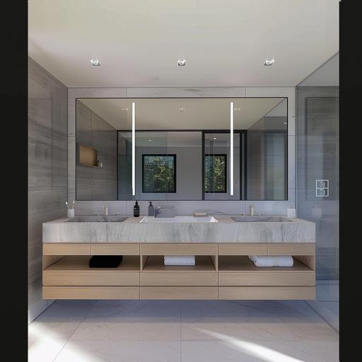 This is an image of my bathroom. Keep the same layout but make it warmer. Use grey tile and add some light French oak wood. Keep the mirror where it is and keep the ceiling in white. Keep the same glass on the left and right sides of the mirror.