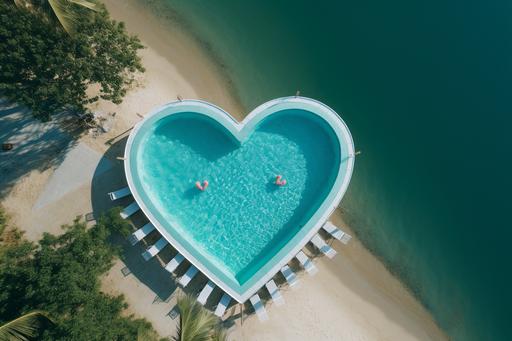 This is the image of a heart-shaped pool. You can see sun umbrellas, water beds, a beach ball, all from an overhead view..background, blue, light greens, white colors 8k. --aspect 3:2