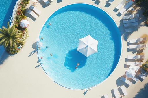 This is the image of a heart-shaped pool. You can see sun umbrellas, water beds, a beach ball, all from an overhead view..background, blue, light greens, white colors 8k. --aspect 3:2