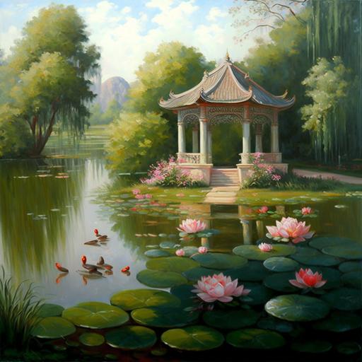 This oil painting depicts a peaceful and beautiful park lotus pond scene, let people feel the peaceful and wonderful nature. The pond is reflected in the green willows, and the pavilion against each other, swimming in the pond a few colorful carp, lotus leaves on the dewy crystal, lotus flowers in bud, as if at any time to bloom out beautiful flowers. On one side of the pond, willow branches dangle over the water and sway gently, creating tiny ripples in the breeze that add to the beauty of the scene. The lotus is the protagonist in the lotus pond, they are delicate and charming, red, pink tender color let a person can not help but admire the natural workmanship. The green of the lotus leaf is more fresh, water droplets rolling on it, appear very crystal. In the distance, a delicate pavilion in the shade seems to be waiting for visitors to come to enjoy the scenery. The whole picture is full of a fresh, quiet breath, let people peace of mind, calm.