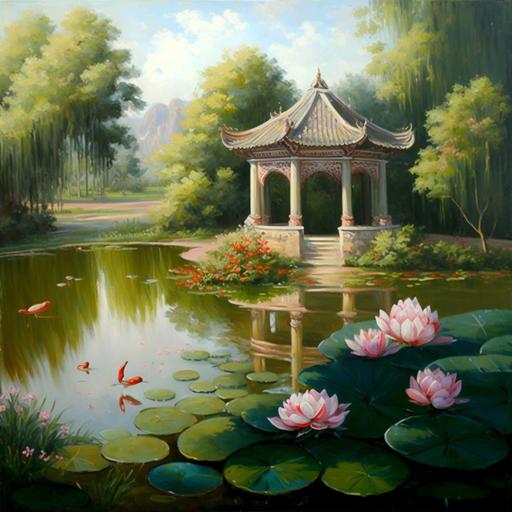 This oil painting depicts a peaceful and beautiful park lotus pond scene, let people feel the peaceful and wonderful nature. The pond is reflected in the green willows, and the pavilion against each other, swimming in the pond a few colorful carp, lotus leaves on the dewy crystal, lotus flowers in bud, as if at any time to bloom out beautiful flowers. On one side of the pond, willow branches dangle over the water and sway gently, creating tiny ripples in the breeze that add to the beauty of the scene. The lotus is the protagonist in the lotus pond, they are delicate and charming, red, pink tender color let a person can not help but admire the natural workmanship. The green of the lotus leaf is more fresh, water droplets rolling on it, appear very crystal. In the distance, a delicate pavilion in the shade seems to be waiting for visitors to come to enjoy the scenery. The whole picture is full of a fresh, quiet breath, let people peace of mind, calm.