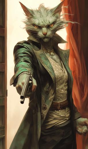 This painting is of a Tiefling Demon-Cat gunslinger entering a Saloon Western style, The gunslinger is holding two pistols, one in each hand. The feline Tiefling is tall and lean with pale green hair streaked white. His cat-like face is an exaggerated demonic evil grin across his face. Concept art by Moebius and Richard Corben and Alexandre Cabanel, Lovecraftian --chaos 4 --ar 3:5 --stylize 844 --weird 4 --niji 6