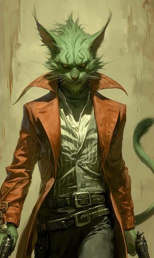 This painting is of a Tiefling Demon-Cat gunslinger entering a Saloon Western style, The gunslinger is holding two pistols, one in each hand. The feline Tiefling is tall and lean with pale green hair streaked white. His cat-like face is an exaggerated demonic evil grin across his face. Concept art by Moebius and Richard Corben and Alexandre Cabanel, Lovecraftian --chaos 4 --ar 3:5 --stylize 844 --weird 4 --niji 6