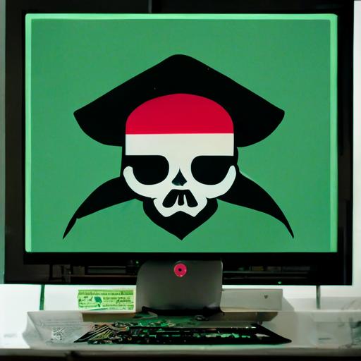 This pirate is working on a computer and has a puzzle in front of him. A red skull is stenciled on the computer screen and a green pirate flag is waving in the background.