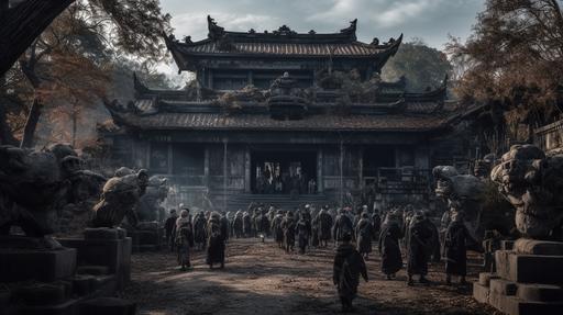 Thousands of undead are rounding an ancient budist temple. Dead and slim people wearing rags are rounding this huge Budist temple. A professional photographer should use a high-quality DSLR or mirrorless camera, such as the Canon EOS 5D Mark IV or the Sony Alpha A7R III, paired with a macro lens like the Canon EF 100mm f/2.8L Macro IS USM or the Sony FE 90mm f/2.8 Macro G OSS, to capture the intricate details and textures. Set the aperture between f/4 and f/5.6 to ensure zombies are in sharp focus while maintaining a pleasing background blur. Keep the ISO low (100-400) to minimize noise and achieve a clean, crisp image quality. Utilize natural light or studio lighting with softboxes to create even, flattering illumination on the man, highlighting the vibrant colors and mouthwatering composition. In post-production, adjust the image’s contrast, brightness, and saturation to emphasize the tantalizing hues. The final photograph should evoke a sense of spiritualism, photorealistic, hyper maximalist, hyper detailed, insane details, cinematic lighting, cinematic 32k, cinematic 32k --ar 16:9 --v 5 --q 2 --s 750 --v 5