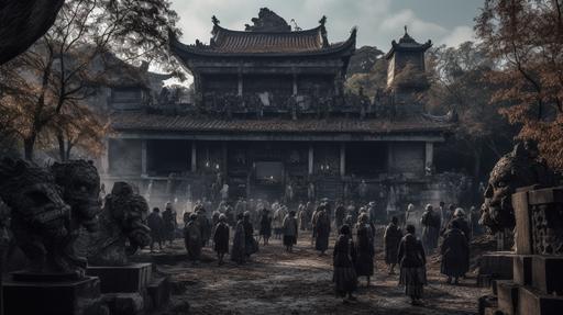 Thousands of undead are rounding an ancient budist temple. Dead and slim people wearing rags are rounding this huge Budist temple. A professional photographer should use a high-quality DSLR or mirrorless camera, such as the Canon EOS 5D Mark IV or the Sony Alpha A7R III, paired with a macro lens like the Canon EF 100mm f/2.8L Macro IS USM or the Sony FE 90mm f/2.8 Macro G OSS, to capture the intricate details and textures. Set the aperture between f/4 and f/5.6 to ensure zombies are in sharp focus while maintaining a pleasing background blur. Keep the ISO low (100-400) to minimize noise and achieve a clean, crisp image quality. Utilize natural light or studio lighting with softboxes to create even, flattering illumination on the man, highlighting the vibrant colors and mouthwatering composition. In post-production, adjust the image’s contrast, brightness, and saturation to emphasize the tantalizing hues. The final photograph should evoke a sense of spiritualism, photorealistic, hyper maximalist, hyper detailed, insane details, cinematic lighting, cinematic 32k, cinematic 32k --ar 16:9 --v 5 --q 2 --s 750 --v 5