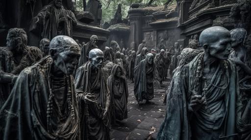 Thousands of undead are rounding an ancient budist temple. Dead and slim people wearing rags are rounding this huge Budist temple. A professional photographer should use a high-quality DSLR or mirrorless camera, such as the Canon EOS 5D Mark IV or the Sony Alpha A7R III, paired with a macro lens like the Canon EF 100mm f/2.8L Macro IS USM or the Sony FE 90mm f/2.8 Macro G OSS, to capture the intricate details and textures. Set the aperture between f/4 and f/5.6 to ensure zombies are in sharp focus while maintaining a pleasing background blur. Keep the ISO low (100-400) to minimize noise and achieve a clean, crisp image quality. Utilize natural light or studio lighting with softboxes to create even, flattering illumination on the man, highlighting the vibrant colors and mouthwatering composition. In post-production, adjust the image’s contrast, brightness, and saturation to emphasize the tantalizing hues. The final photograph should evoke a sense of spiritualism, photorealistic, hyper maximalist, hyper detailed, insane details, cinematic lighting, cinematic 32k, cinematic 32k --ar 16:9 --v 5 --q 2 --s 750 --v 5