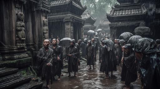 Thousands of undead round a budist temple under a stormy rain at noon and the rain falls on their faces. Dead and slim people wearing rags are rounding a Budist temple. A professional photographer should use a high-quality DSLR or mirrorless camera, such as the Canon EOS 5D Mark IV or the Sony Alpha A7R III, paired with a macro lens like the Canon EF 100mm f/2.8L Macro IS USM or the Sony FE 90mm f/2.8 Macro G OSS, to capture the intricate details and textures. Set the aperture between f/4 and f/5.6 to ensure zombies are in sharp focus while maintaining a pleasing background blur. Keep the ISO low (100-400) to minimize noise and achieve a clean, crisp image quality. Utilize natural light or studio lighting with softboxes to create even, flattering illumination on the man, highlighting the vibrant colors and mouthwatering composition. In post-production, adjust the image’s contrast, brightness, and saturation to emphasize the tantalizing hues. The final photograph should evoke a sense of spiritualism, photorealistic, hyper maximalist, hyper detailed, insane details, cinematic lighting, cinematic 32k, cinematic 32k --ar 16:9 --v 5 --q 2 --s 750 --v 5