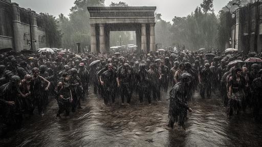 Thousands of zombies round a budist temple under a stormy rain at noon rounded by thousand of undead zombies. There are thousands of zombies rounding the budist temple. A professional photographer should use a high-quality DSLR or mirrorless camera, such as the Canon EOS 5D Mark IV or the Sony Alpha A7R III, paired with a macro lens like the Canon EF 100mm f/2.8L Macro IS USM or the Sony FE 90mm f/2.8 Macro G OSS, to capture the intricate details and textures. Set the aperture between f/4 and f/5.6 to ensure zombies are in sharp focus while maintaining a pleasing background blur. Keep the ISO low (100-400) to minimize noise and achieve a clean, crisp image quality. Utilize natural light or studio lighting with softboxes to create even, flattering illumination on the man, highlighting the vibrant colors and mouthwatering composition. In post-production, adjust the image’s contrast, brightness, and saturation to emphasize the tantalizing hues. The final photograph should evoke a sense of spiritualism, photorealistic, hyper maximalist, hyper detailed, insane details, cinematic lighting, cinematic 32k, cinematic 32k --ar 16:9 --v 5 --q 2 --s 750 --v 5