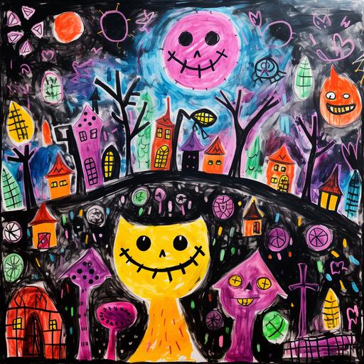 a vibrant, imperfect, simple, doodle of Halloween by a little kid from kindergarten --v 5.2