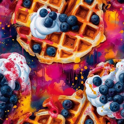 Three Belgium waffles and whipped cream and blueberries, dynamic, vivid colors, tempera, high quality, high resolution, extreme detail, splatter paint, motion, abstract, wallpaper --tile --upbeta --q 2 --s 750 --v 5