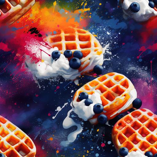 Three Belgium waffles and whipped cream and blueberries, dynamic, vivid colors, tempera, high quality, high resolution, extreme detail, splatter paint, motion, abstract, wallpaper --tile --upbeta --q 2 --s 750 --v 5
