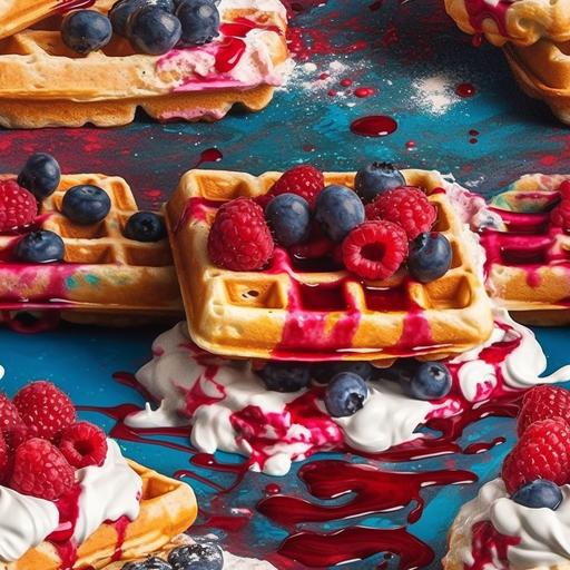 Three Belgium waffles and whipped cream and raspberries, dynamic, vivid colors, tempera, high quality, high resolution, extreme detail, splatter paint, motion, abstract, wallpaper --tile --upbeta --q 2 --s 750 --v 5