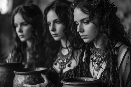Three beautiful goth witches brewing potions in their large boiling stoneware cauldron, direct eye contact with camera, professional black and white photo, Canon EOS 24mm, f/32, zone system --ar 3:2 --v 6.0 --style raw --s 316