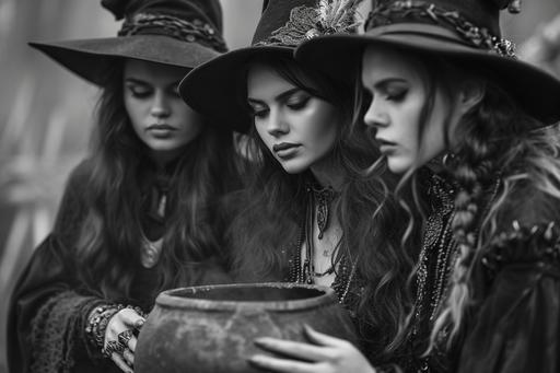 Three beautiful goth witches brewing potions in their large boiling stoneware cauldron, direct eye contact with camera, professional black and white photo, Canon EOS 24mm, f/32, zone system --ar 3:2 --v 6.0 --style raw --s 316