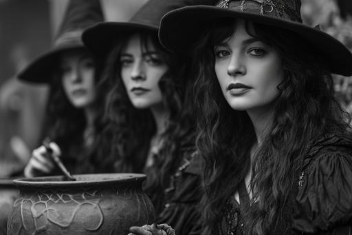 Three beautiful goth witches brewing potions in their large stoneware cauldron, direct eye contact with camera, professional black and white photo, Canon EOS 24mm, f/32, zone system --ar 3:2 --v 6.0 --style raw --s 316