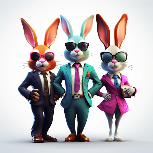 Three characters in a row in front of a white wall. A male data nerd rabbit in a business suit, a scientist rabbit in a business suit and a female environmental activist rabbit in a business suit Colorful hip business dress code.