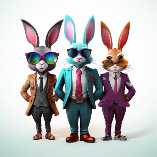 Three characters in a row in front of a white wall. A male data nerd rabbit in a business suit, a scientist rabbit in a business suit and a female environmental activist rabbit in a business suit Colorful hip business dress code.