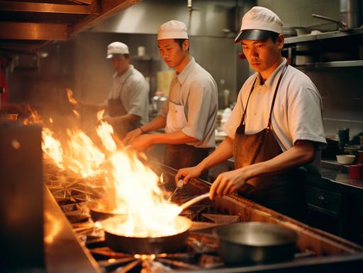 Three chefs in a busy kitchen. Focus and coordination. Flaming wok. New York restaurant. Evening in 1978. Stainless steel appliances, bustling staff. Medium shot, waist up. Captured with a Leica M3, Kodak Portra 400 film. Warm light from the flames, motion blur, vivid colors. --ar 4:3 --v 5.2