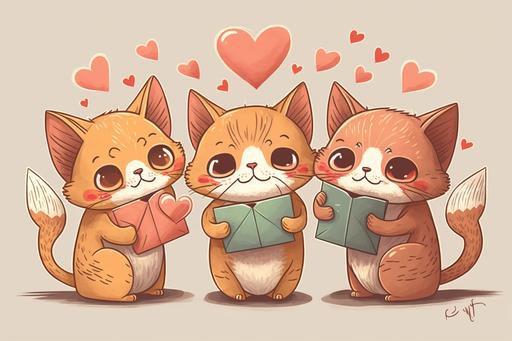 Three cute cartoon cats exchanging Valentine's Day cards with each other, each cat holding a heart-shaped card and smiling. --v 4 --q 2 --ar 3:2
