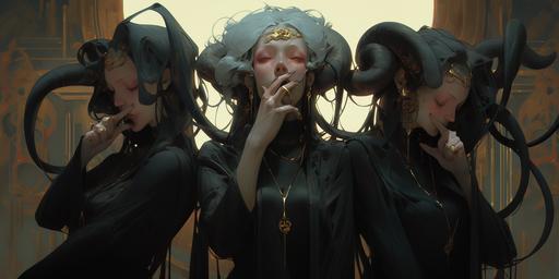 Three females making expressive funny meme gestures in a dark dramatic scene, futuristic medusa, cables, alien, cinematic lighting, in the style of H. R. giger meets art nouveau, magazine cover, master piece, band promo shooting, mysterious glow --ar 2:1 --niji 5 --style expressive