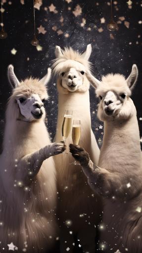 Three llamas at a year-end event, decorated with sparkles and white roses, glitter, champagne. Realistic image, stock photo quality. --ar 1080:1920