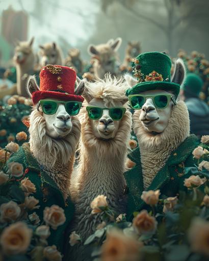 Three real white llamas dressed up as St. Patrick's Day leprechauns, wearing green suits, a red wig, and black glasses with green edges. The llamas are surrounded by light green garden-style roses. A celebration for St. Patrick's Day, with elements like gold, a parade, people, and beer. A realistic image resembling stock photography, captured by a professional camera, in a hyperrealistic style. --ar 4:5 --v 6.0 --s 750
