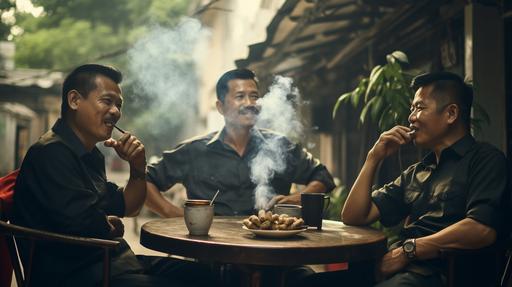 Three smoker men, vietnamese, 35 years old, are smoking in a coffee shop on the street, strong muscles, happy with high testosterone levels --ar 16:9