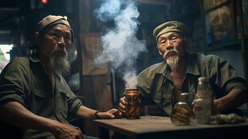Three smoker men, vietnamese, 35 years old, are smoking in a coffee shop on the street, strong muscles, happy with high testosterone levels --ar 16:9