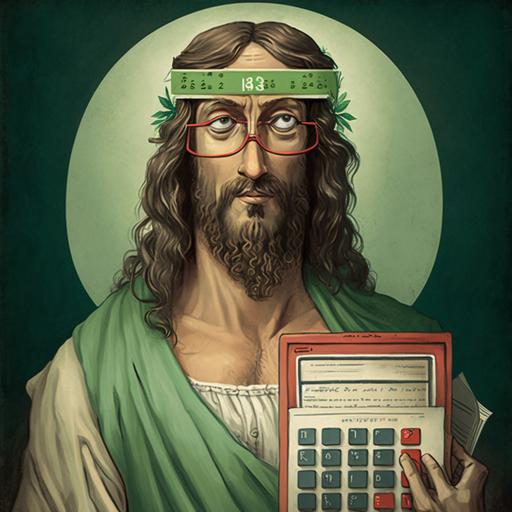 Jesus, as a tax accountant, with a green, billed, accounting visor, in the style of a 2d catholic icon