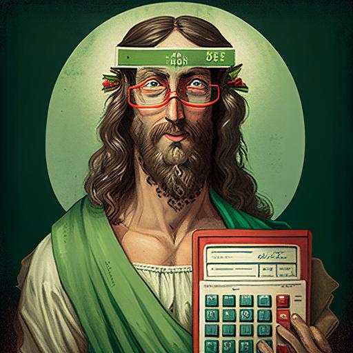 Jesus, as a tax accountant, with a green, billed, accounting visor, in the style of a 2d catholic icon