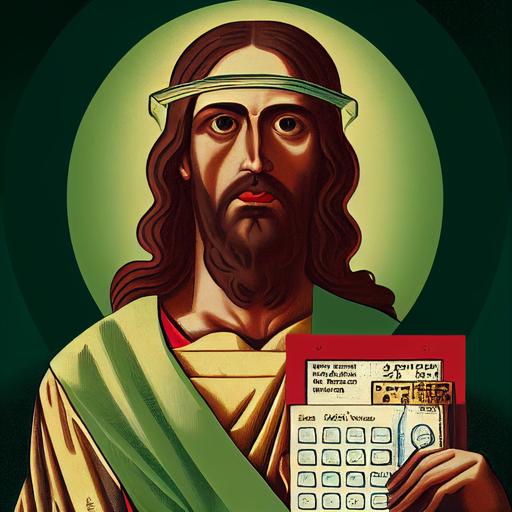 Jesus, as a tax accountant, with a green, billed, accounting visor, in the style of a 2d catholic icon --test --creative