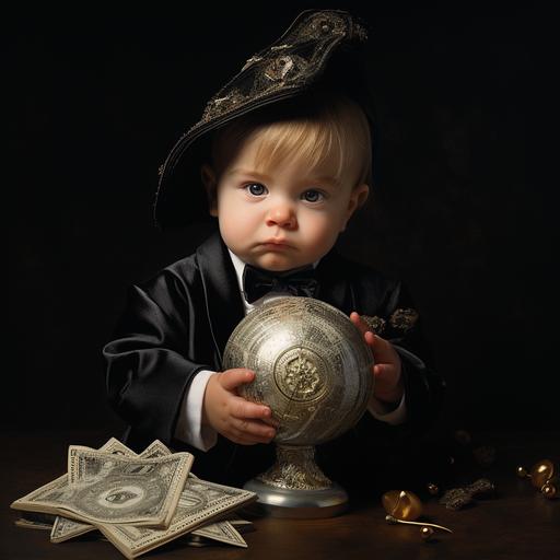 baby's first series A financial funding fortune teller, baby in a suit, money