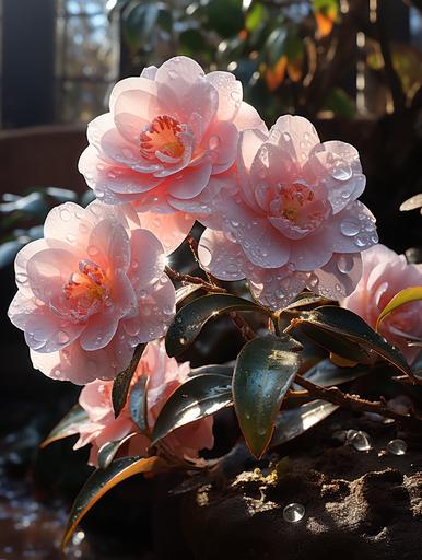 Through the lens of a camera, a close-up of dew-kissed camellias in a Spanish courtyard, their pink and white petals shimmering in the morning light. --ar 3:4 --s 750