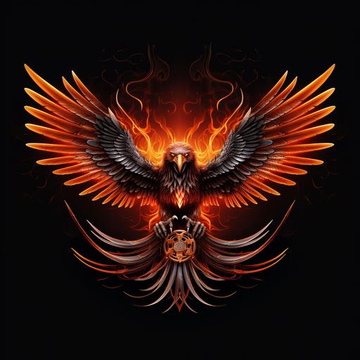 Thunderbird logo, wings spread, fiery wings, flat graphic design, heavy metal influences