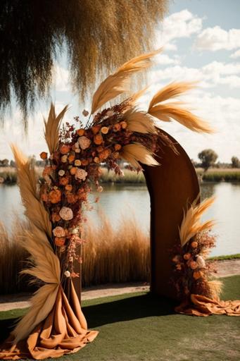 realiTerracotta Burnt Orange Outdoor Wedding Archway Flower with Pampas Grass, Wedding Floral Arch, Wedding Swag Flower, Floral Swag Arch, Silk Flowers Arch, Wedding Arch, detailed, high resolution, curtain, real candle3, realistic HD, --ar 2:3