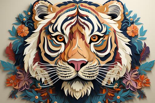 Tibetan tiger rug illustration, white background, vector, naive art --ar 3:2 --uplight --s 750