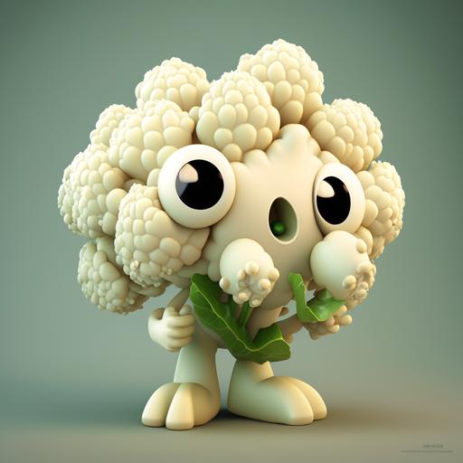 cauliflower 3D cartoon character with big eyes cute and happy background