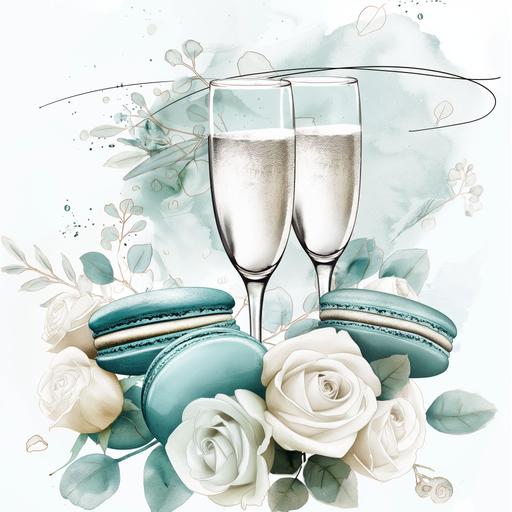 Tiffany blue macarons, white roses, champagne, abstract watercolor art style, sketched outlines.
