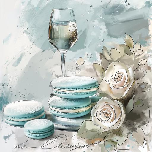 Tiffany blue macarons, white roses, champagne, abstract watercolor art style, sketched outlines.