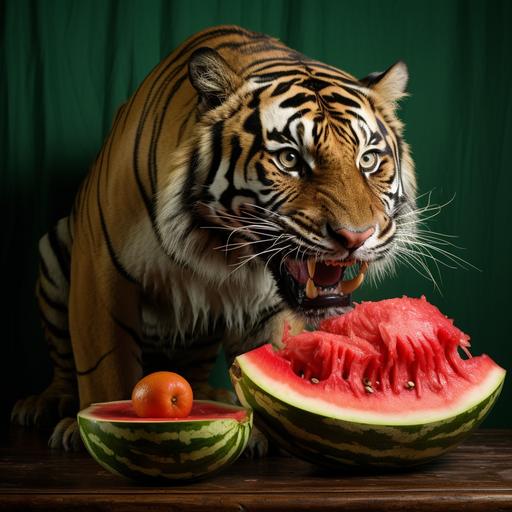 Tigers eat watermelons, in the house,