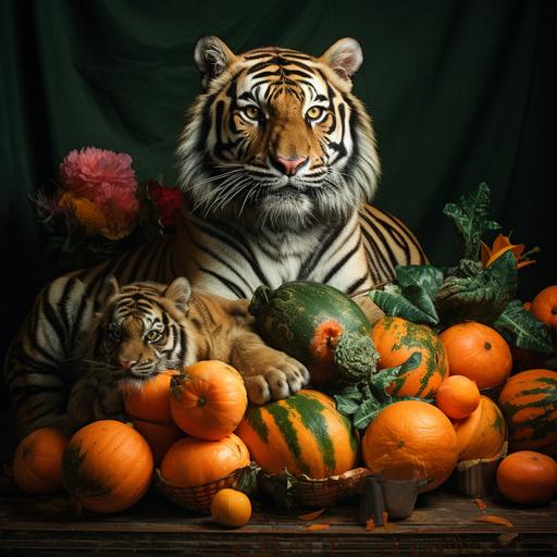 Tigers eat watermelons, in the house,