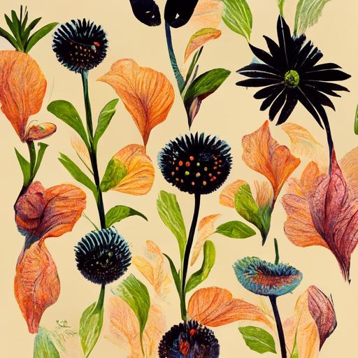 Tim Burton's summer colors flowers and leaves seamless pattern painting --q 2