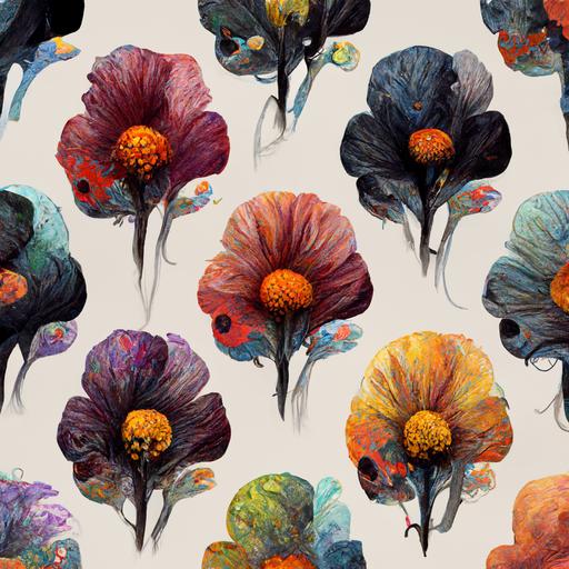 Tim Burton's summer colors flowers and leaves seamless pattern painting  --q 2