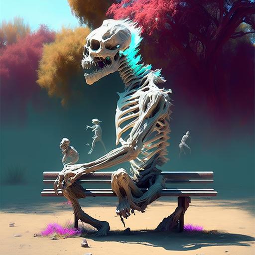 Time slipping in relaxed mode, skeleton waiting at park bench --v 4